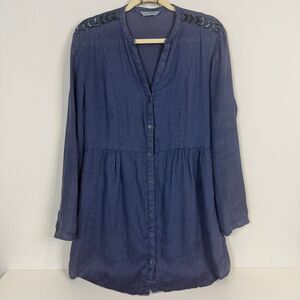 Promod Navy Linen Embellished Shirt Dress L